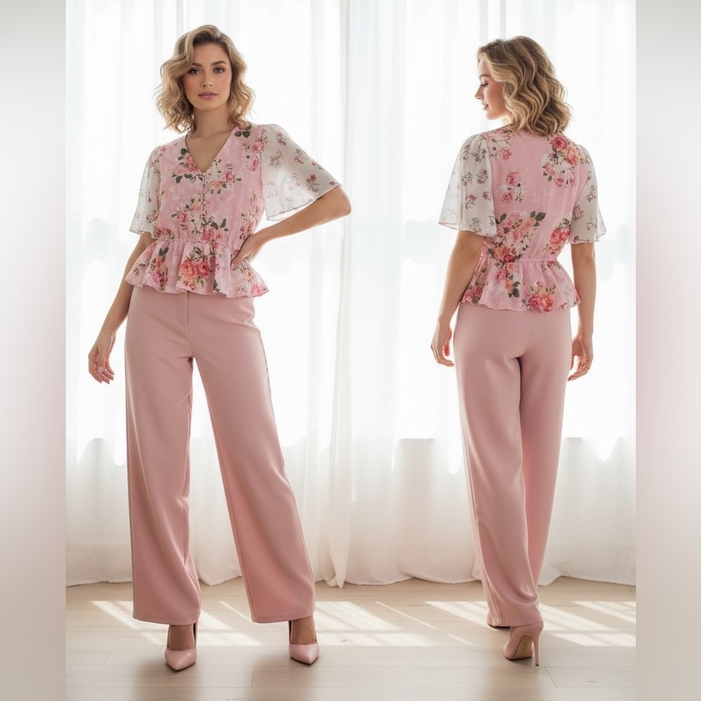 Hemant and nandita Pink Floral Chiffon Peplum Blouse Flutter Sleeve V-Neck top